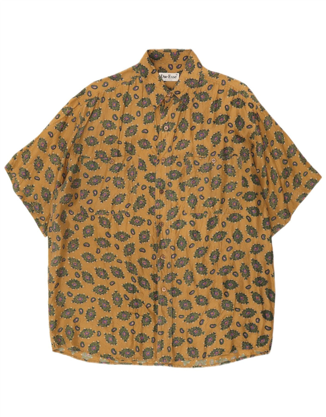 Camisa masculina vintage de manga curta seda geométrica bege médio