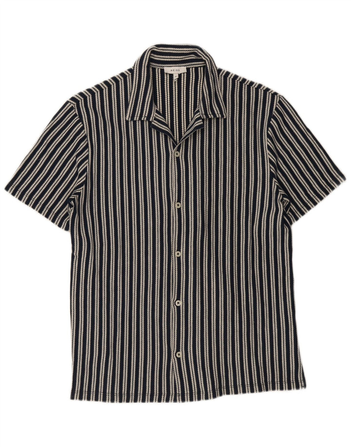 Camisa masculina de manga curta Reiss de algodão listrado azul marinho médio