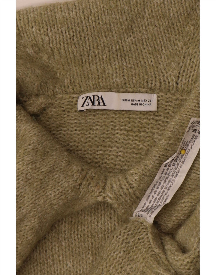Suéter feminino Zara com gola polo superdimensionada Reino Unido 14 poliéster cáqui médio