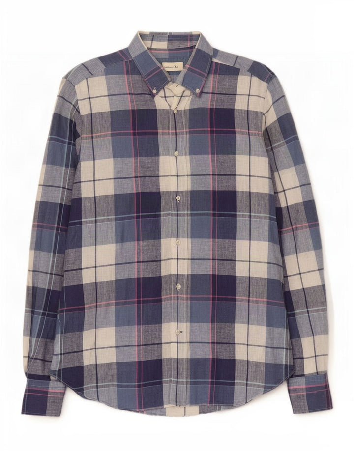 Camisa masculina Massimo Dutti grande linho xadrez azul