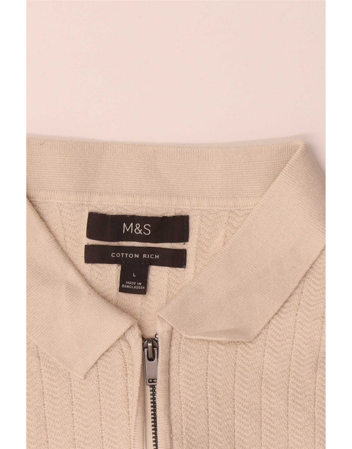 Camisa polo masculina Marks & Spencer grande algodão espinha de peixe bege