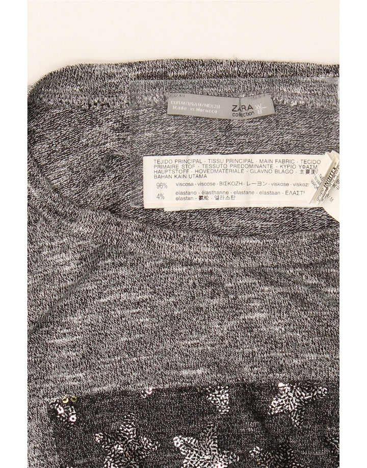 Top feminino Zara manga comprida UK 14 viscose manchada cinza médio