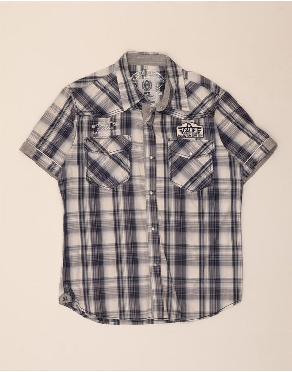 Camisa masculina WPM gráfica de manga curta XL azul marinho algodão xadrez