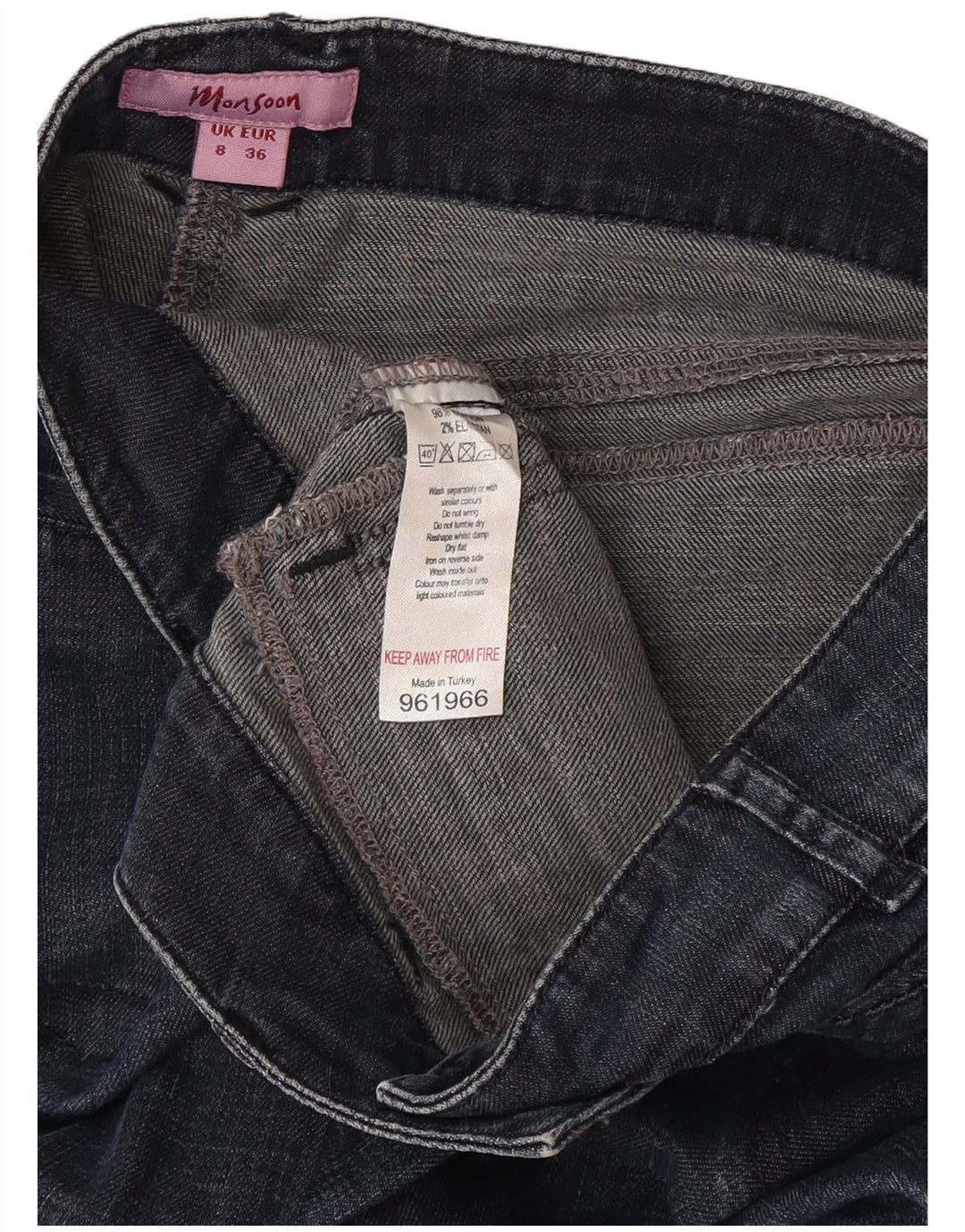 Monsoon Calça jeans feminina larga UK 8 pequena W27 L30 algodão azul marinho