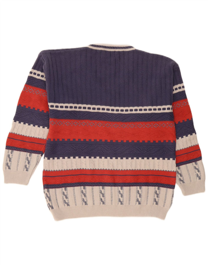 Suéter masculino vintage com decote em V pequeno bloco colorido azul marinho