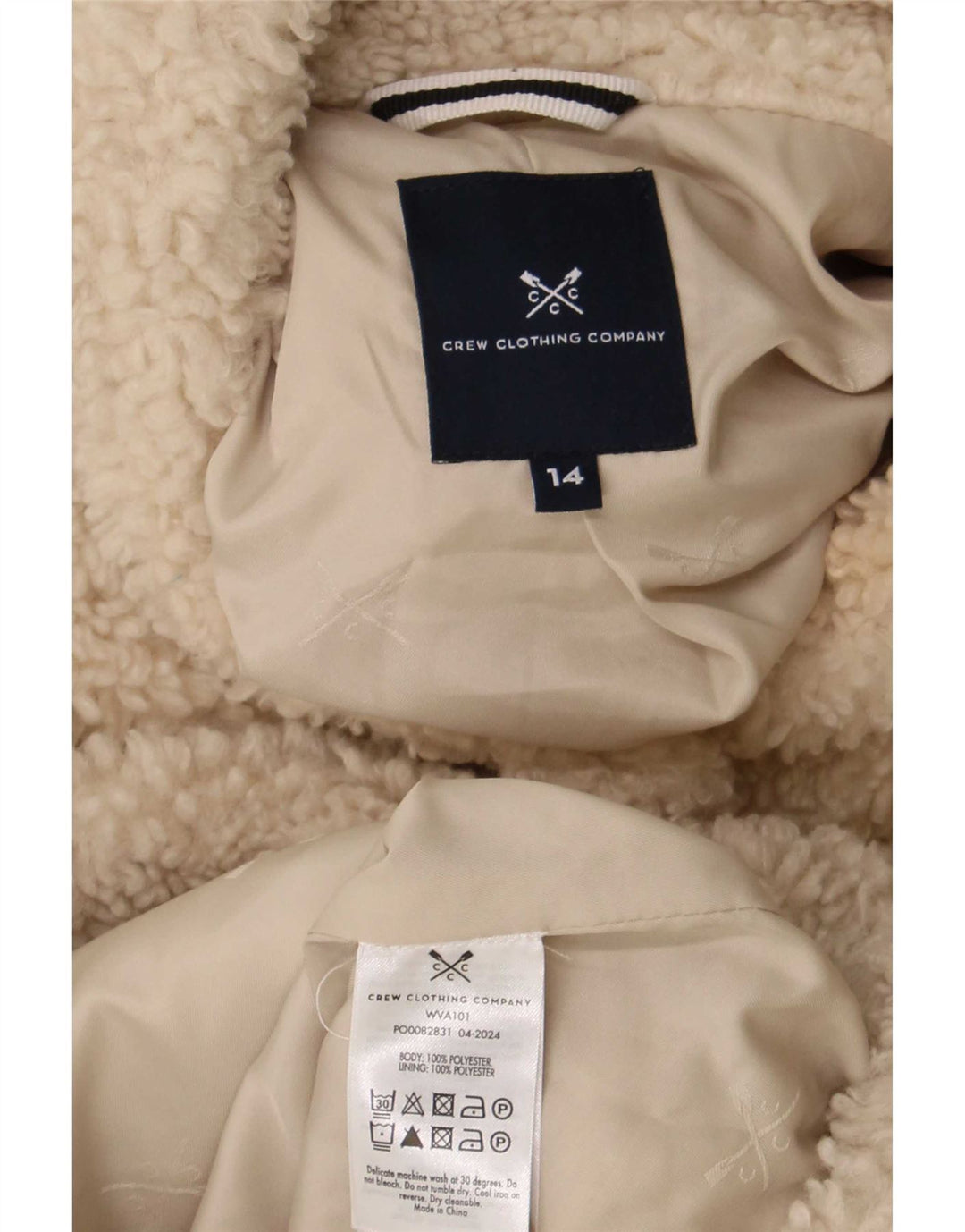 Jaqueta de lã de urso de pelúcia feminina da Crew Clothing UK 14 grande poliéster bege