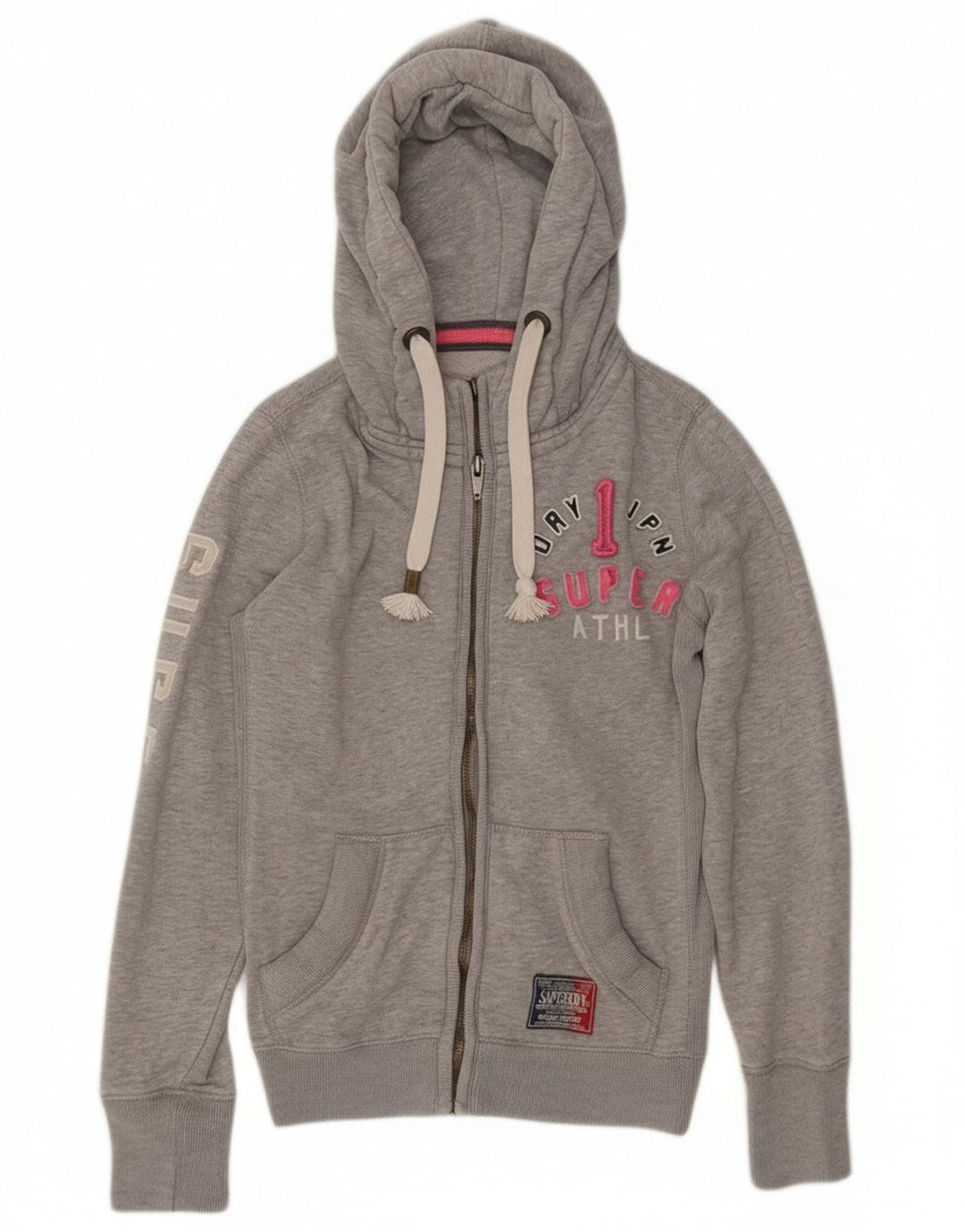 Suéter feminino Superdry com capuz e zíper gráfico UK 14 algodão cinza médio