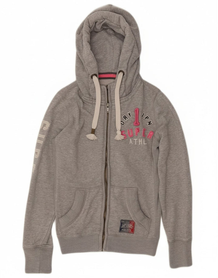 Suéter feminino Superdry com capuz e zíper gráfico UK 14 algodão cinza médio