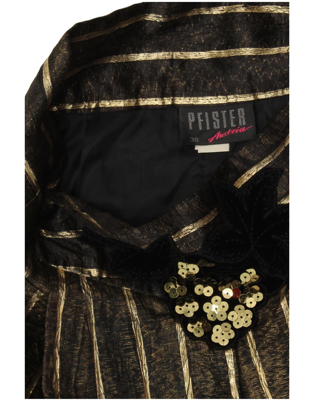 Saia feminina PFISTER cintura alta evasê UE 38 médio W26 listrada dourada