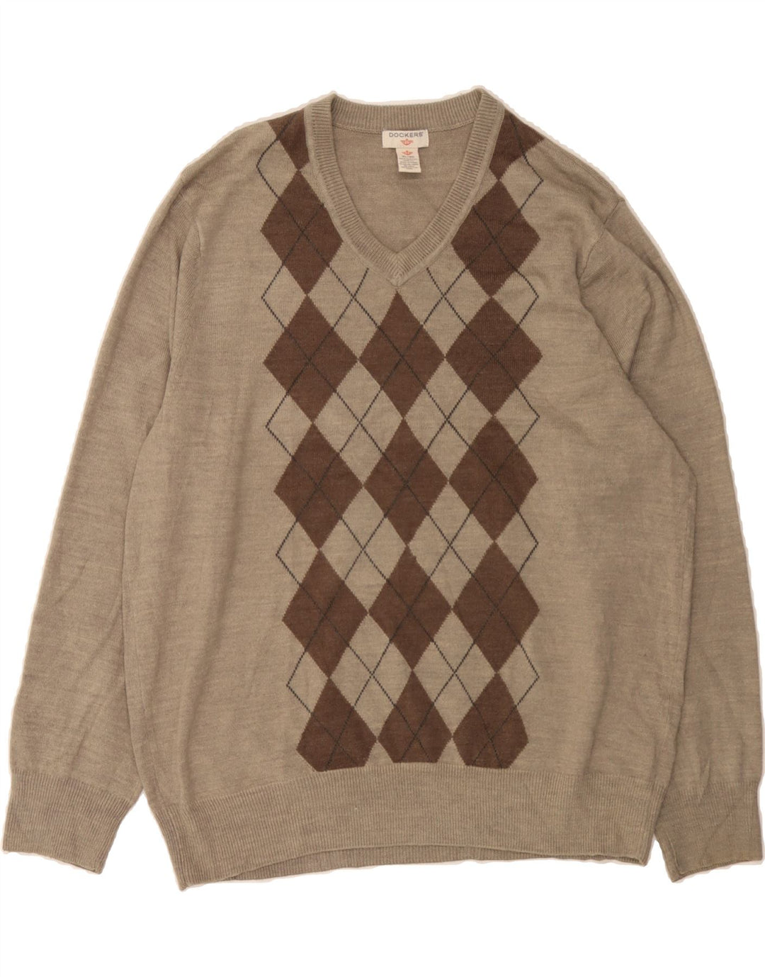 DOCKERS Mens V-Neck Jumper Sweater XL Grey Argyle/Diamond Acrylic Vintage Dockers and Second-Hand Dockers from Messina Hembry 