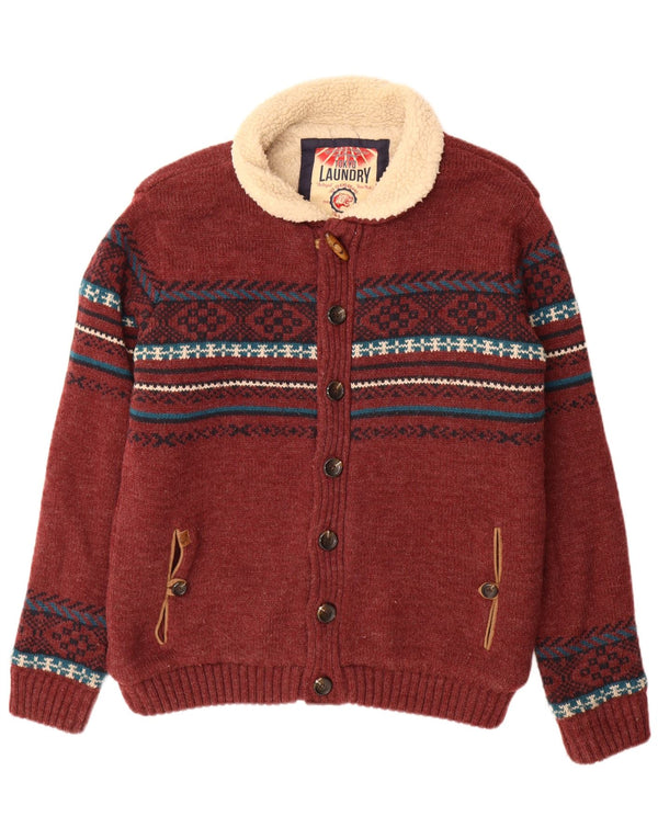 Jaqueta masculina de malha sherpa Tokyo Laundry Reino Unido 42 XL Borgonha acrílico geométrico