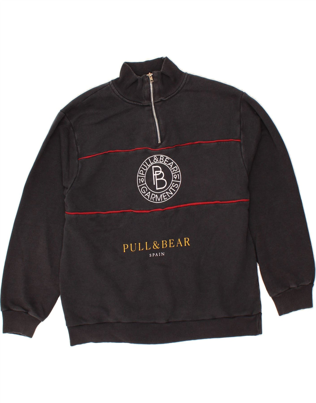 PULL & BEAR Womens Graphic Zip Neck Sweatshirt Jumper UK 14 Medium Black Vintage Pull & Bear and Second-Hand Pull & Bear from Messina Hembry 