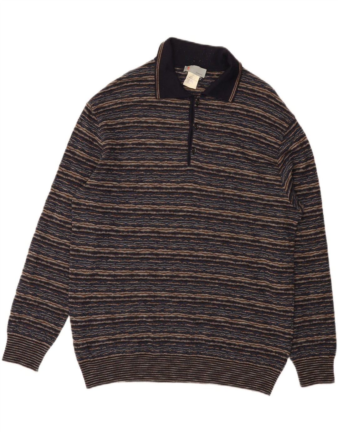 MISSONI Mens Polo Neck Jumper Sweater 3XL Blue Striped Wool Vintage Missoni and Second-Hand Missoni from Messina Hembry 