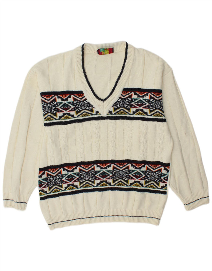 Suéter masculino VINTAGE com decote em V XL branco Fair Isle