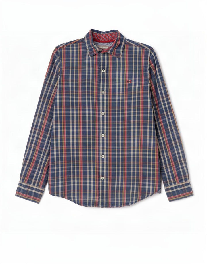 Camisa masculina Napapijri Geographic Slim Fit de algodão xadrez azul médio