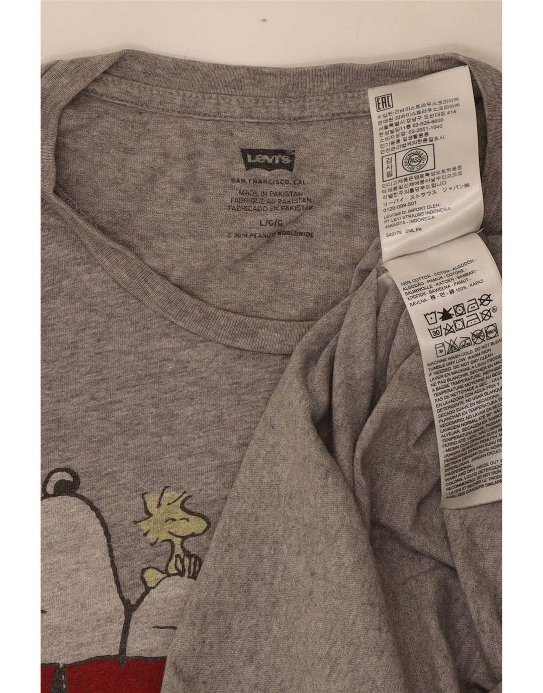 Camiseta masculina Levi's Peanuts Graphic grande algodão manchado cinza