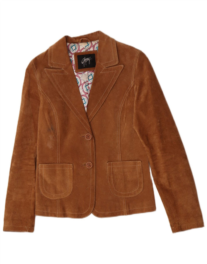 Jaqueta blazer feminina Gipsy de camurça com 2 botões Reino Unido 10 couro marrom pequeno