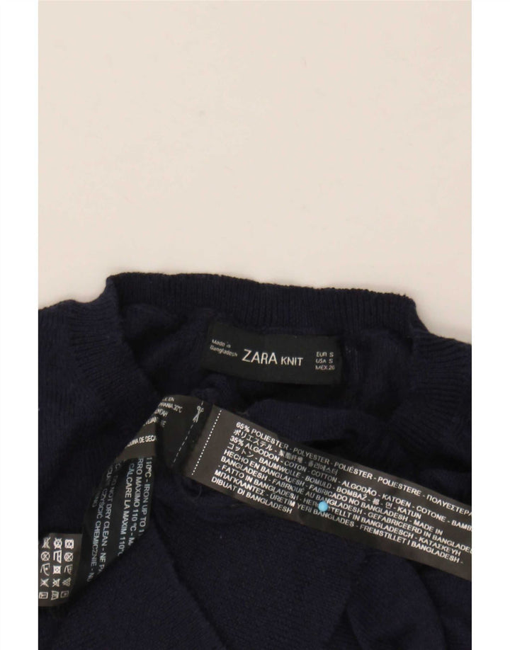 Zara Suéter feminino cropped com gola redonda Reino Unido 10 pequeno azul marinho poliéster