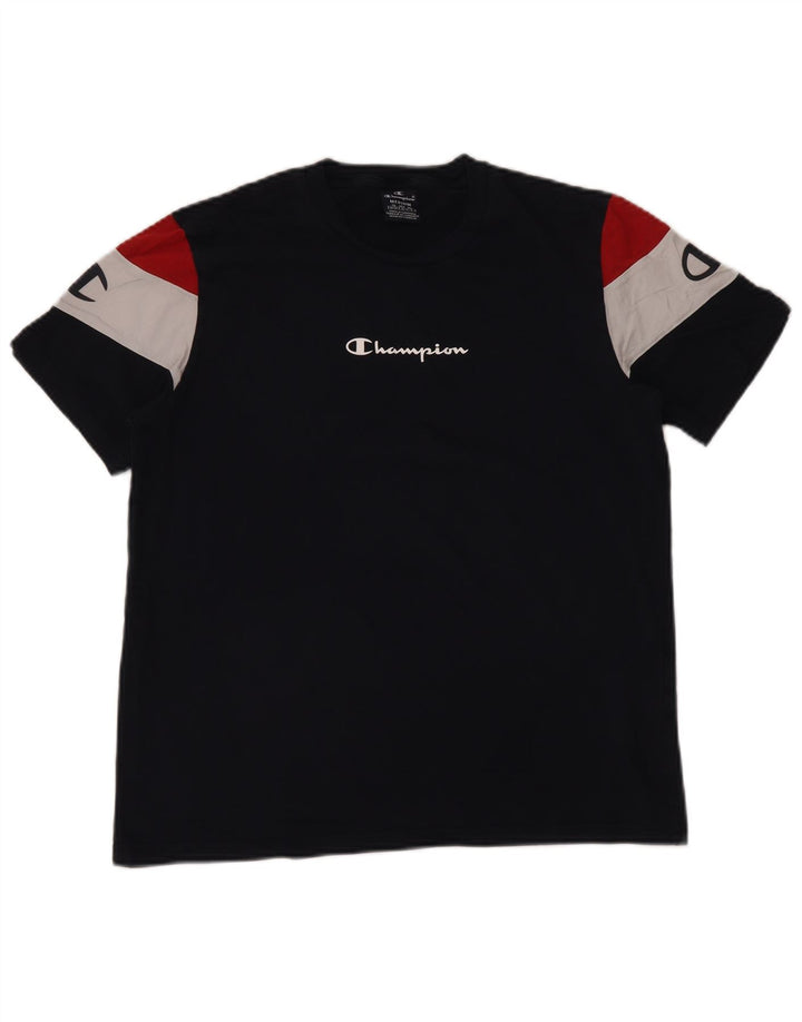 Camiseta feminina com estampa CHAMPION UK 14 bloco colorido azul marinho médio