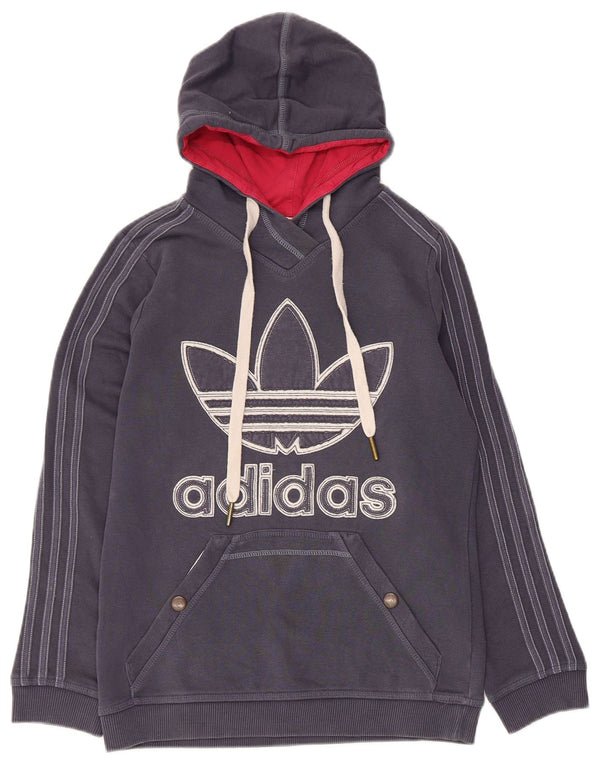 Adidas feminino gráfico moletom com capuz jumper IT 46 grande algodão azul marinho