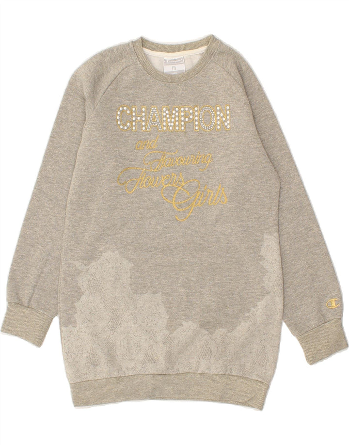 CHAMPION Girls Graphic Jumper Dress 9-10 Years Grey Vintage Champion and Second-Hand Champion from Messina Hembry 