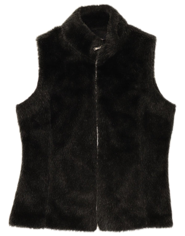 Vintage Womens Faux Fur Gilet UK 14 Grande Poliéster Preto