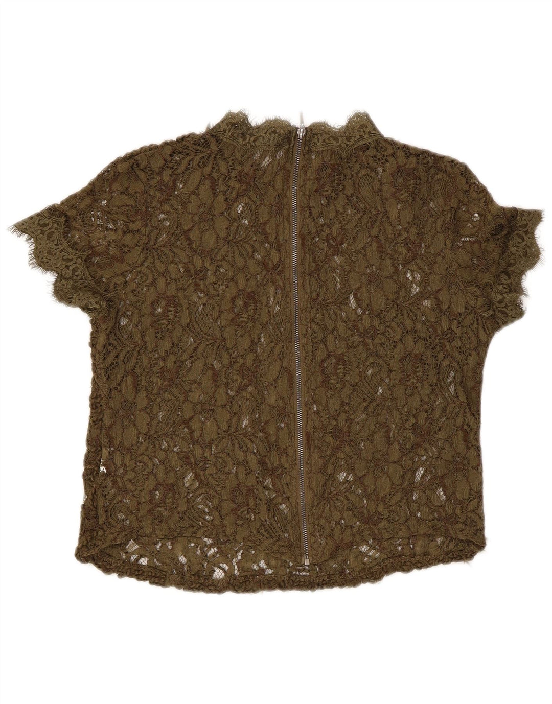 Blusa feminina Zara de renda transparente Reino Unido 8 pequena cáqui