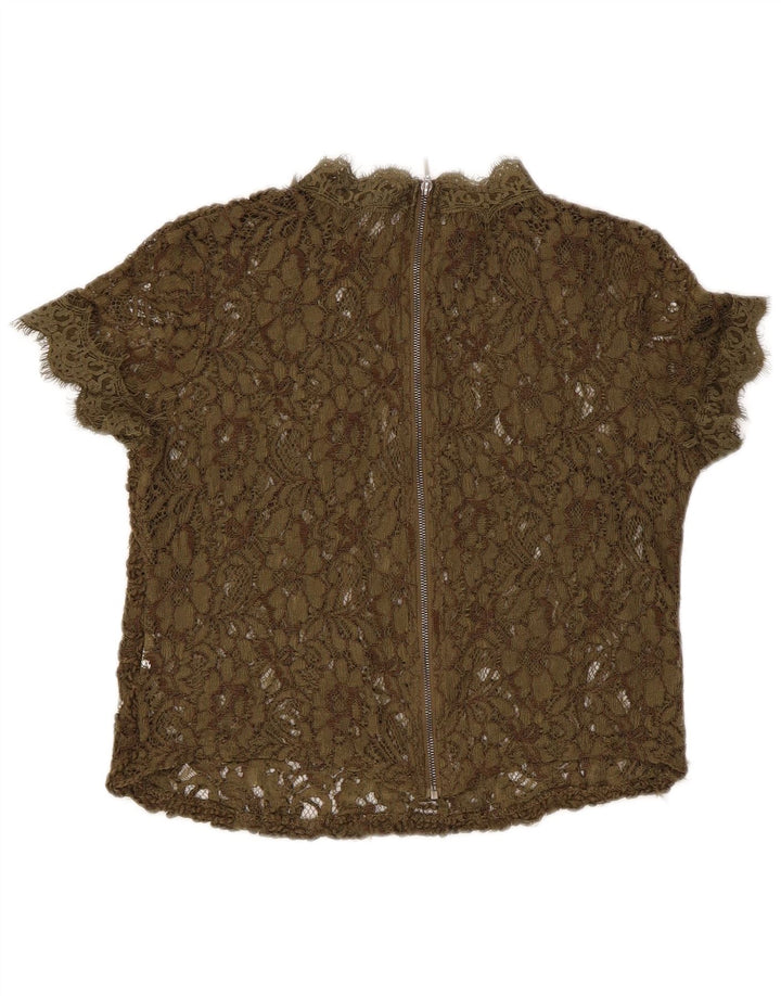 Blusa feminina Zara de renda transparente Reino Unido 8 pequena cáqui