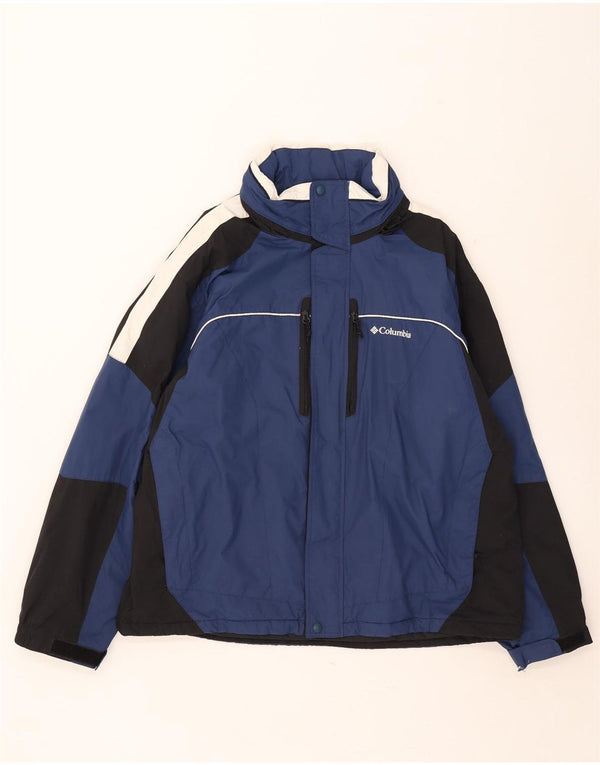 Jaqueta corta-vento masculina Columbia com capuz UK 42 XL azul marinho colorblock