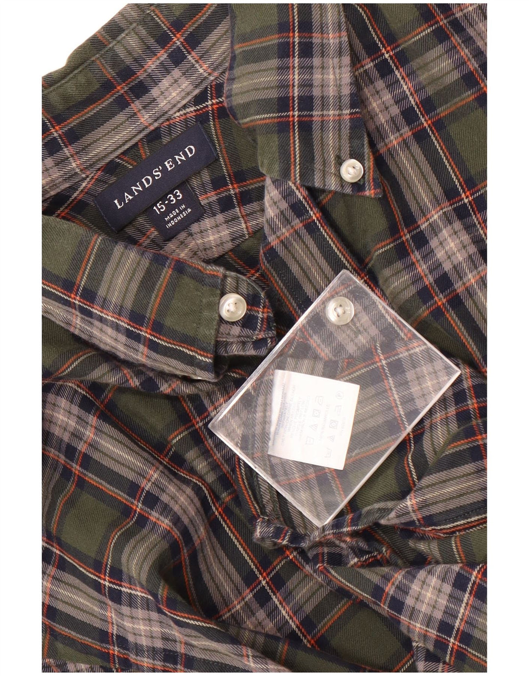 Camisa xadrez masculina Lands End tamanho 15 xadrez verde médio