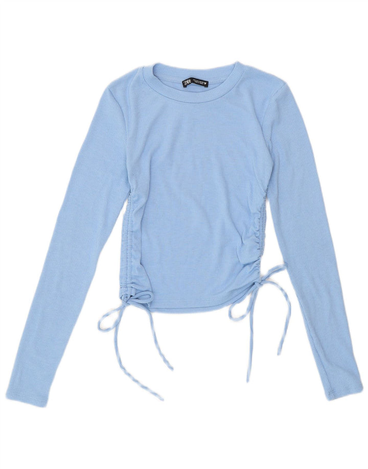 Zara Blusa Feminina Crop Manga Longa Top Reino Unido 8 Pequeno Azul Poliéster