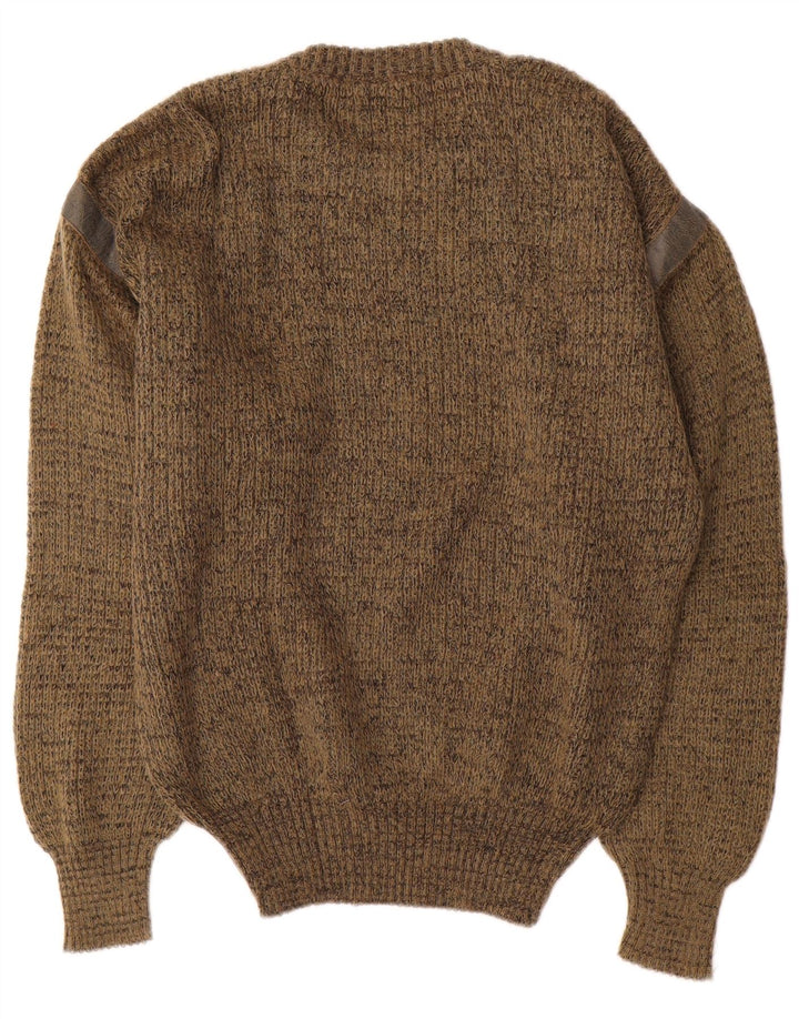 Suéter masculino vintage com gola redonda, médio cáqui salpicado