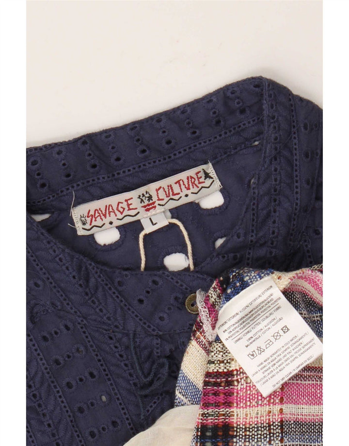 Vestido vintage feminino com babados na frente, UK 14, grande, azul marinho, patchwork