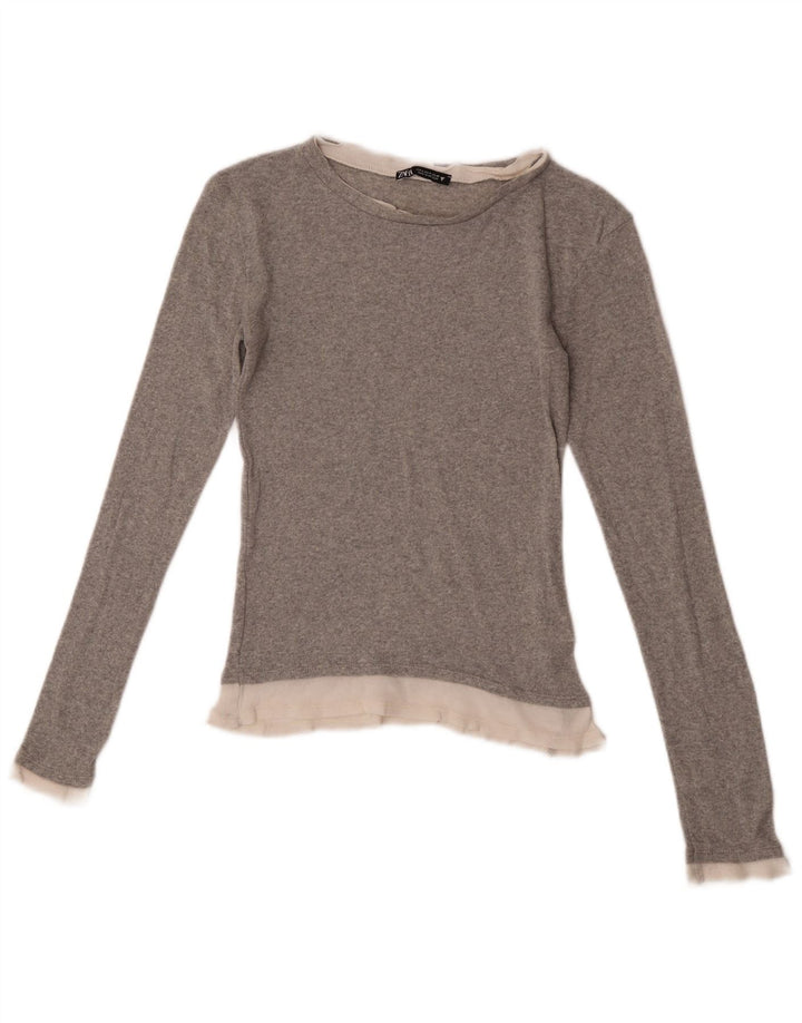 Top feminino Zara manga comprida UK 8 pequeno cinza colorblock poliéster