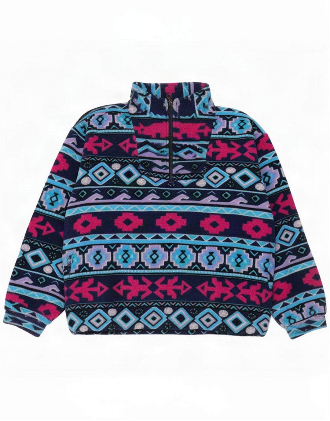 Vintage Mens Zip Neck Fleece Jumper Medium Multicoloured Geometric Winter