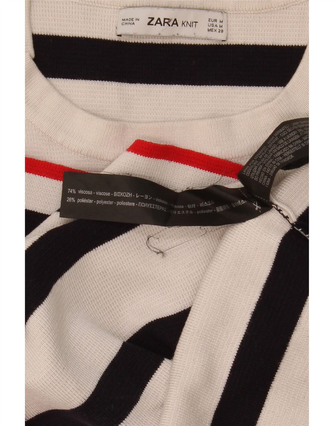 Suéter feminino Zara com gola redonda e gola redonda, listrado branco médio, Reino Unido 12