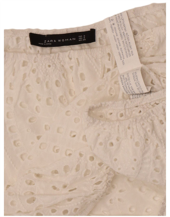 Zara Womens Crop Off Ombro Top UK 10 Pequeno Algodão Branco