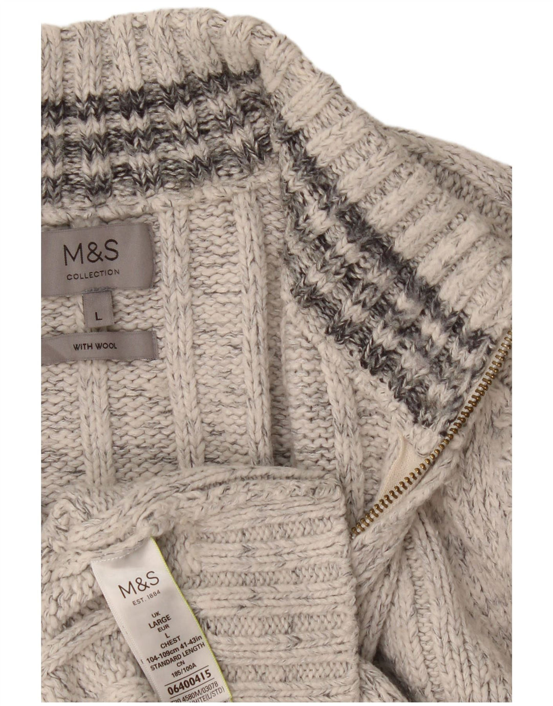 Suéter masculino Marks & Spencer com zíper e gola grande acrílico manchado cinza
