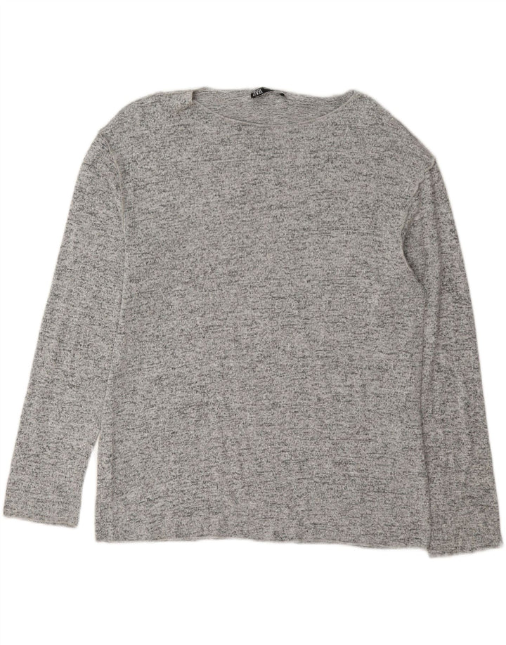Top feminino Zara manga comprida UK 14 viscose manchada cinza médio