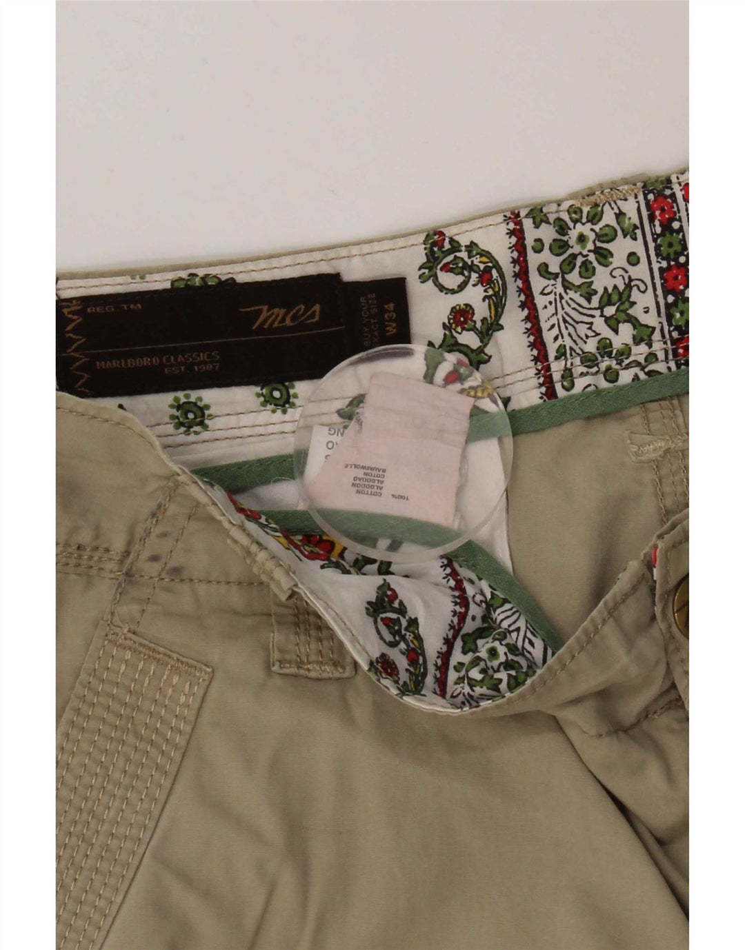 Shorts cargo masculino Marlboro Classics W34 grande algodão cáqui