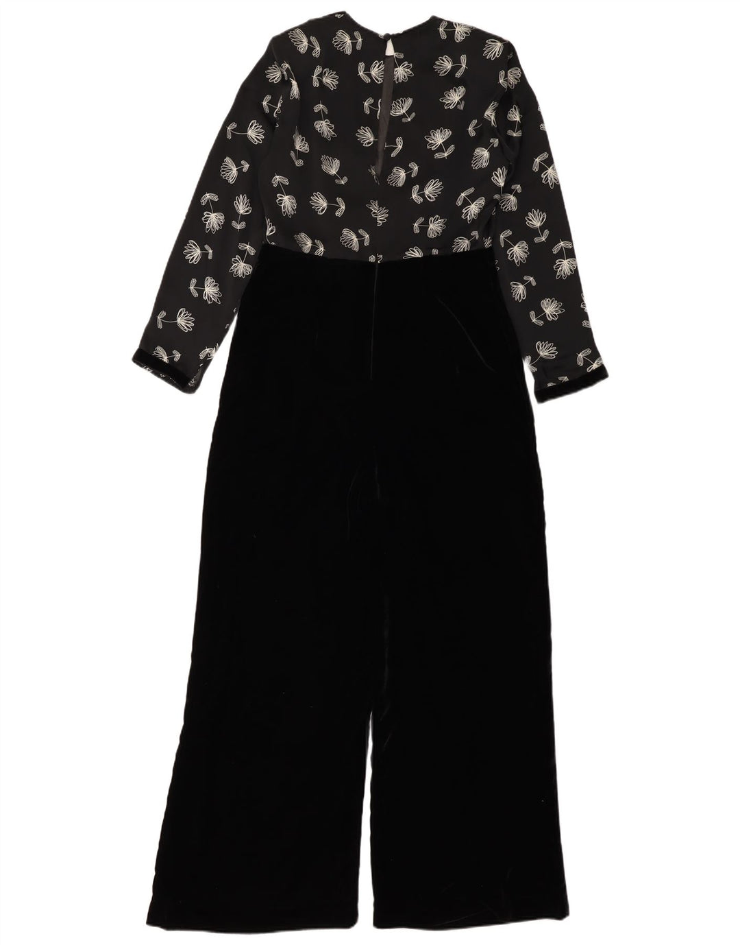 Macacão de veludo feminino vintage UK 12 poliéster floral preto médio