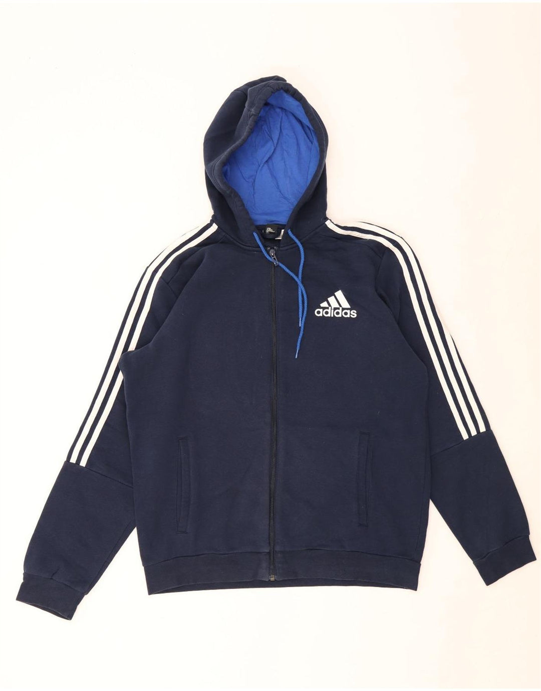 Suéter masculino Adidas com capuz e zíper grande azul marinho