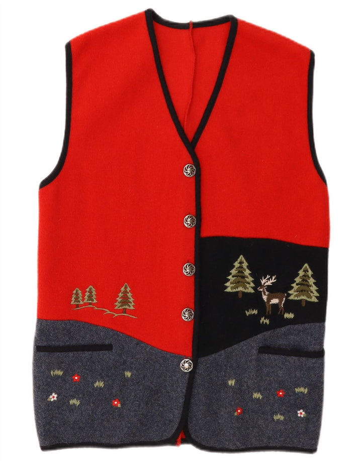 Colete feminino vintage UK 14 lã colorblock vermelho médio
