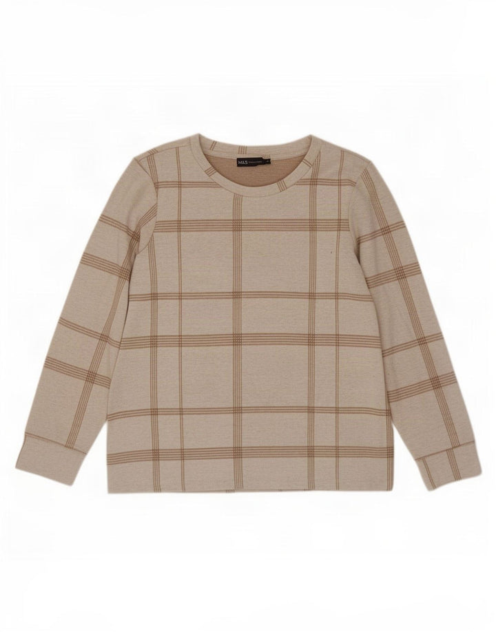Top feminino Marks & Spencer de manga comprida UK 12 poliéster xadrez bege médio
