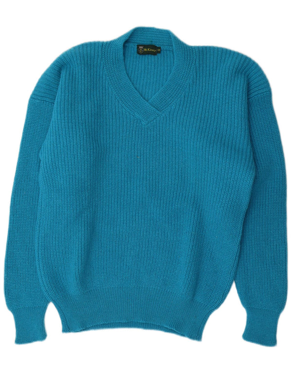 Suéter masculino vintage com decote em V IT 50 lã azul médio