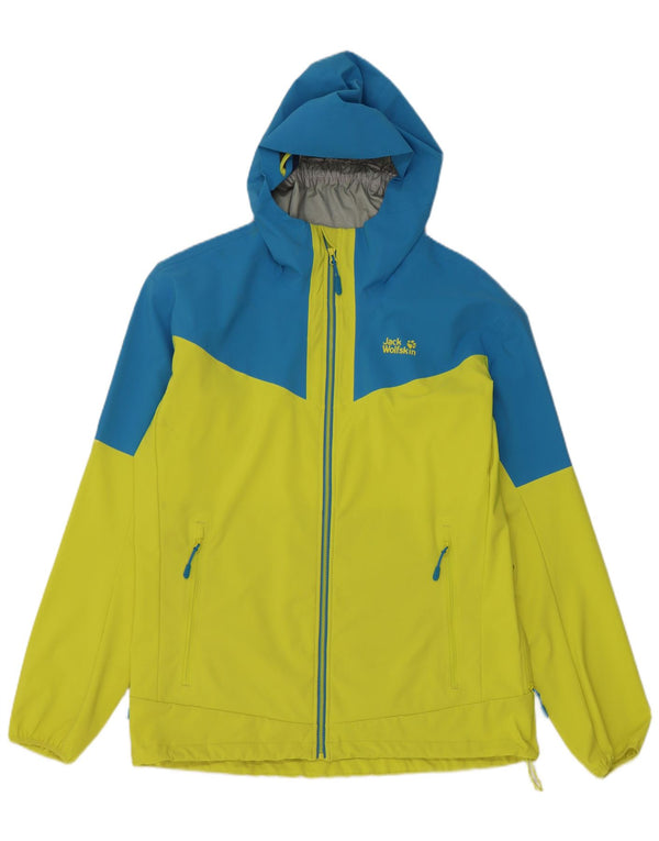 Jaqueta de chuva masculina Jack Wolfskin com capuz Reino Unido 42 grande bloco colorido amarelo