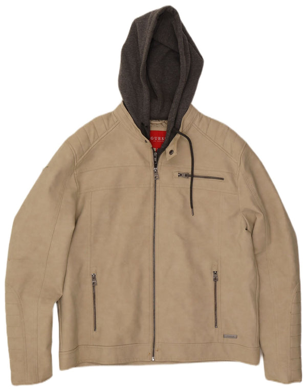 Jaqueta masculina de couro sintético com capuz Guess Reino Unido 42 grande bloco colorido bege