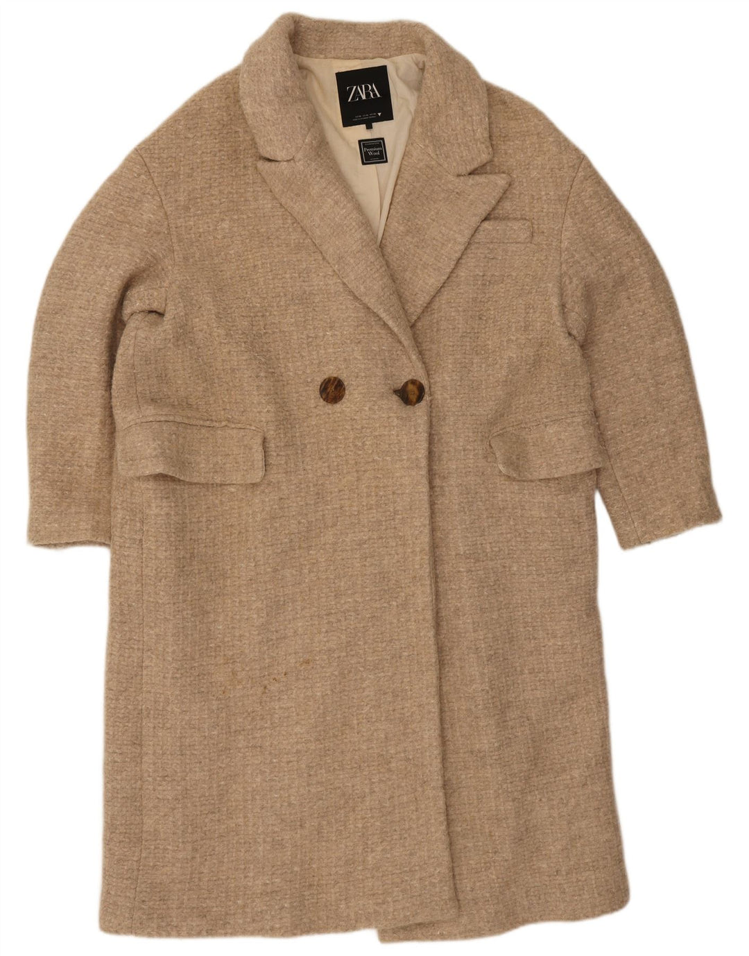 Casaco feminino Zara com peito duplo Reino Unido 42 XL lã bege