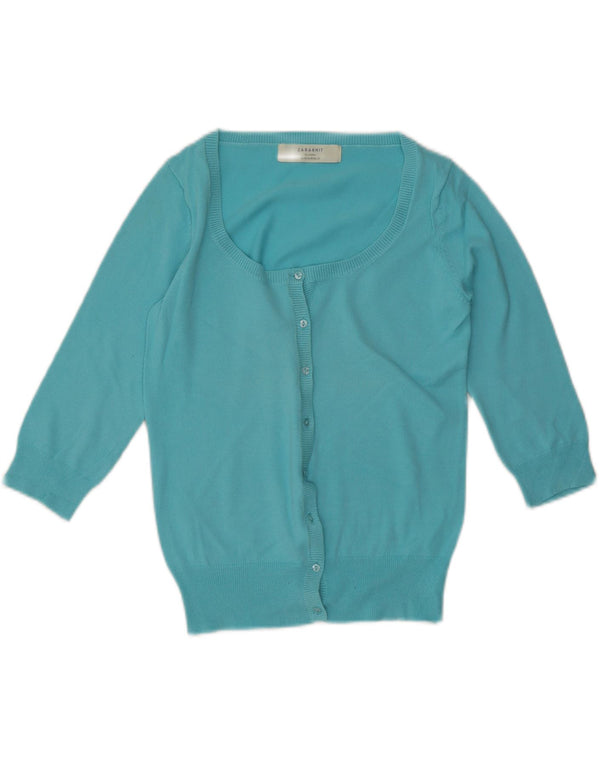Suéter cardigã feminino Zara manga 3/4 Reino Unido 12 algodão azul médio