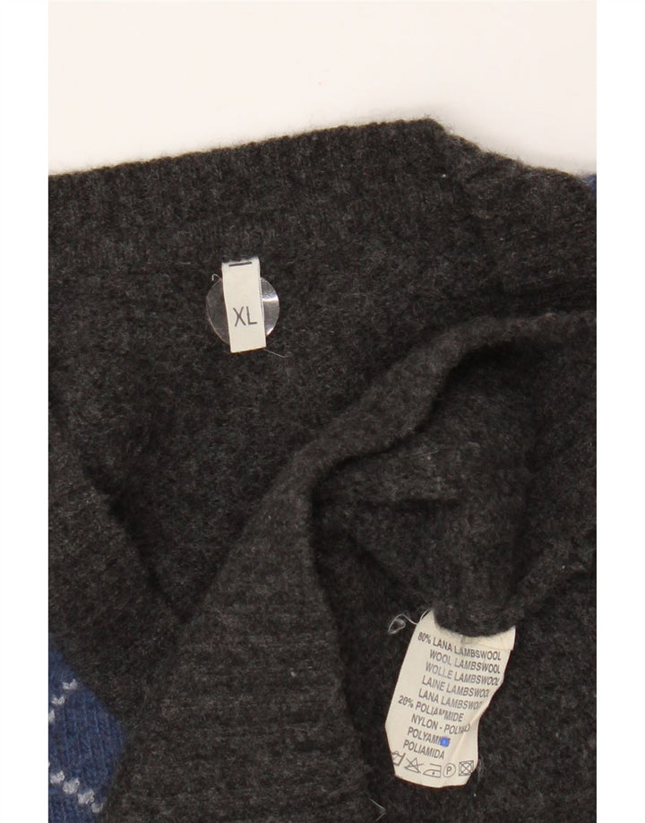 Suéter masculino vintage com decote em V XL cinza Argyle/Diamond Lambswool